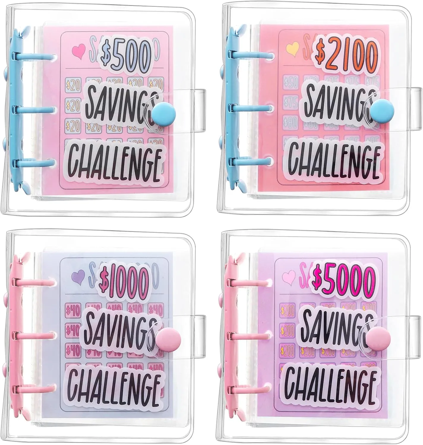 4 Pcs 1000 Dollar Saving Challenge Money Savings Binder Book $500 $2100 $5000 Reusable with Portable Stickers Cash Envelopes for Budgeting Planner School Class Prize Gifts