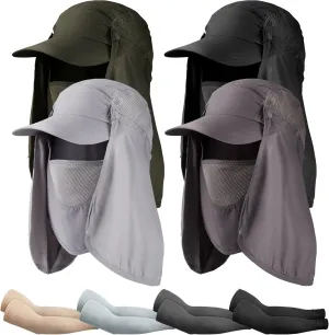 4 Set Sun Hat Fishing Hats UPF 50  Outdoor Hiking Hat UV Sun Protection Hat with Neck Flap Face Mask and 4 Pack Arm Sleeves
