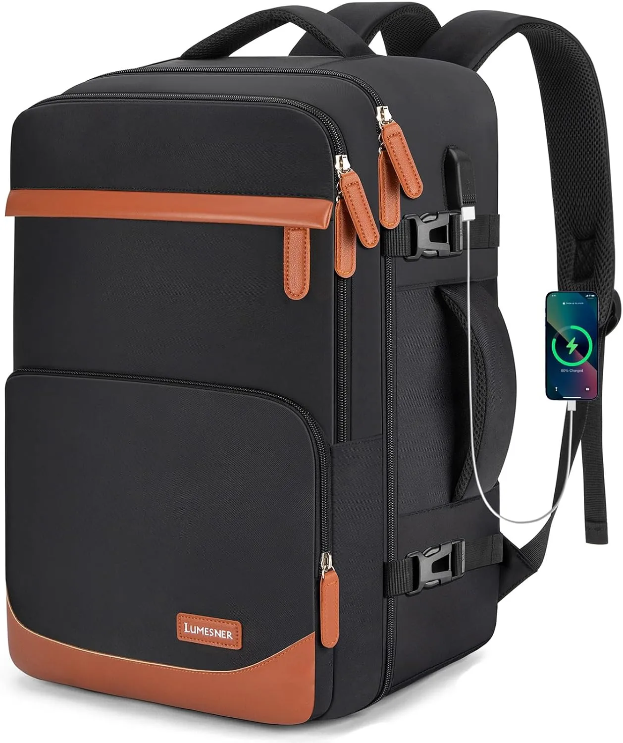40L Travel Backpack with USB Charging Port, Water-Resistant Carry On Backpack for Men Women, Business Laptop Backpack for Men & Women, Trips & Commutes, Fits 15.6/17.3 Inch Laptop (Black)