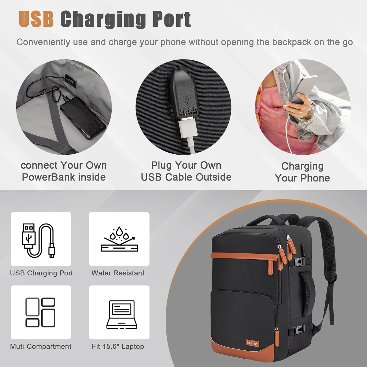 40L Travel Backpack with USB Charging Port, Water-Resistant Carry On Backpack for Men Women, Business Laptop Backpack for Men & Women, Trips & Commutes, Fits 15.6/17.3 Inch Laptop (Black)