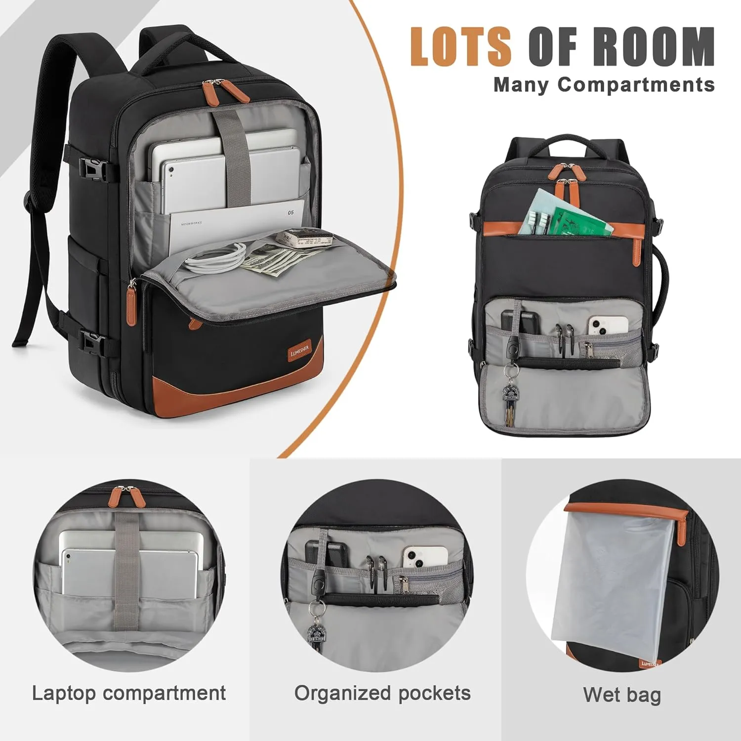 40L Travel Backpack with USB Charging Port, Water-Resistant Carry On Backpack for Men Women, Business Laptop Backpack for Men & Women, Trips & Commutes, Fits 15.6/17.3 Inch Laptop (Black)
