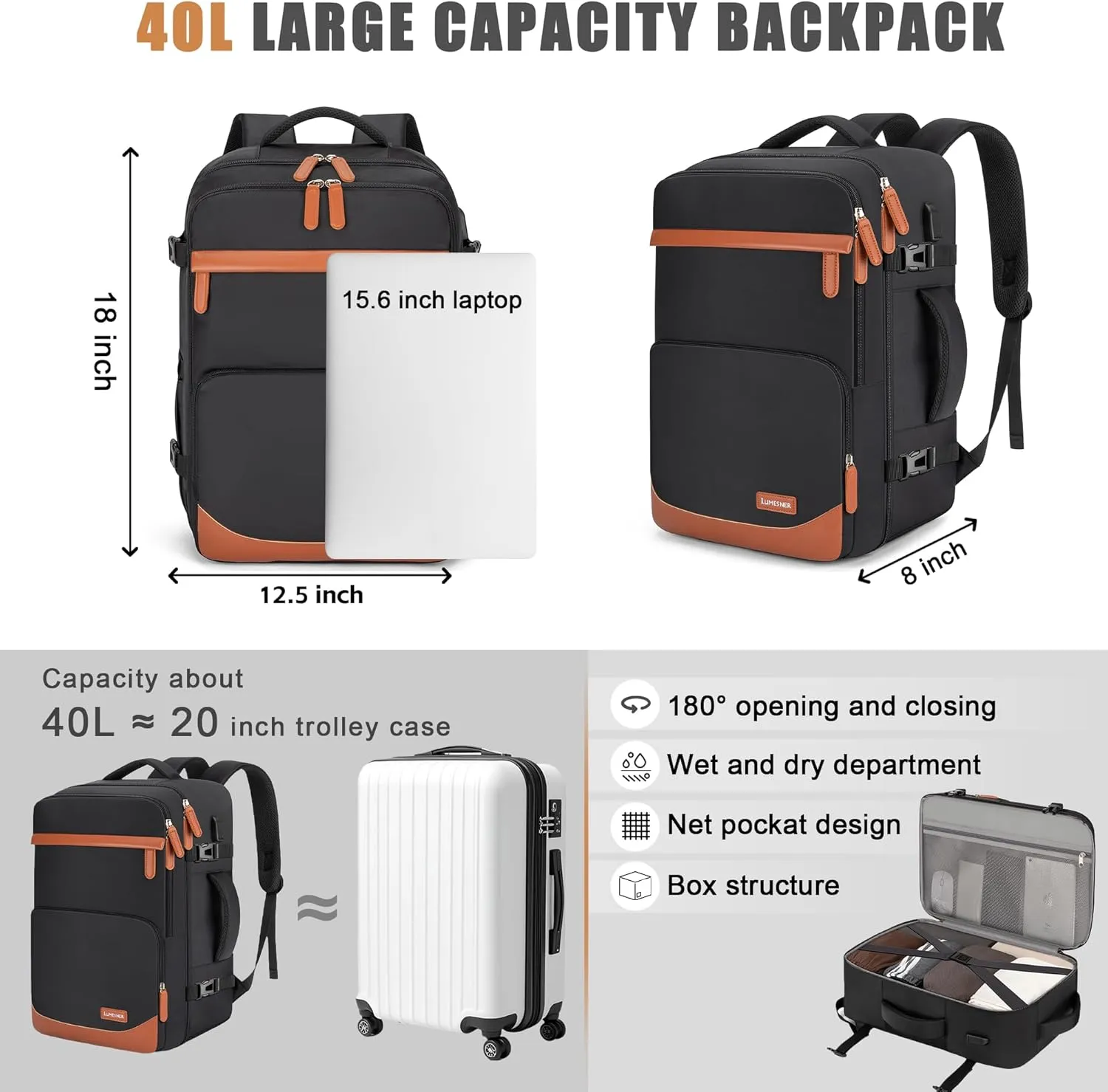 40L Travel Backpack with USB Charging Port, Water-Resistant Carry On Backpack for Men Women, Business Laptop Backpack for Men & Women, Trips & Commutes, Fits 15.6/17.3 Inch Laptop (Black)
