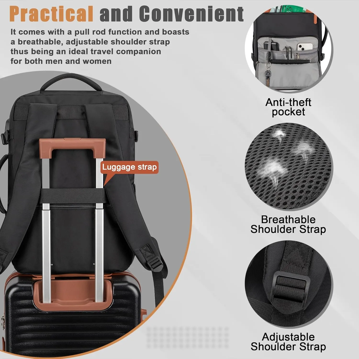 40L Travel Backpack with USB Charging Port, Water-Resistant Carry On Backpack for Men Women, Business Laptop Backpack for Men & Women, Trips & Commutes, Fits 15.6/17.3 Inch Laptop (Black)