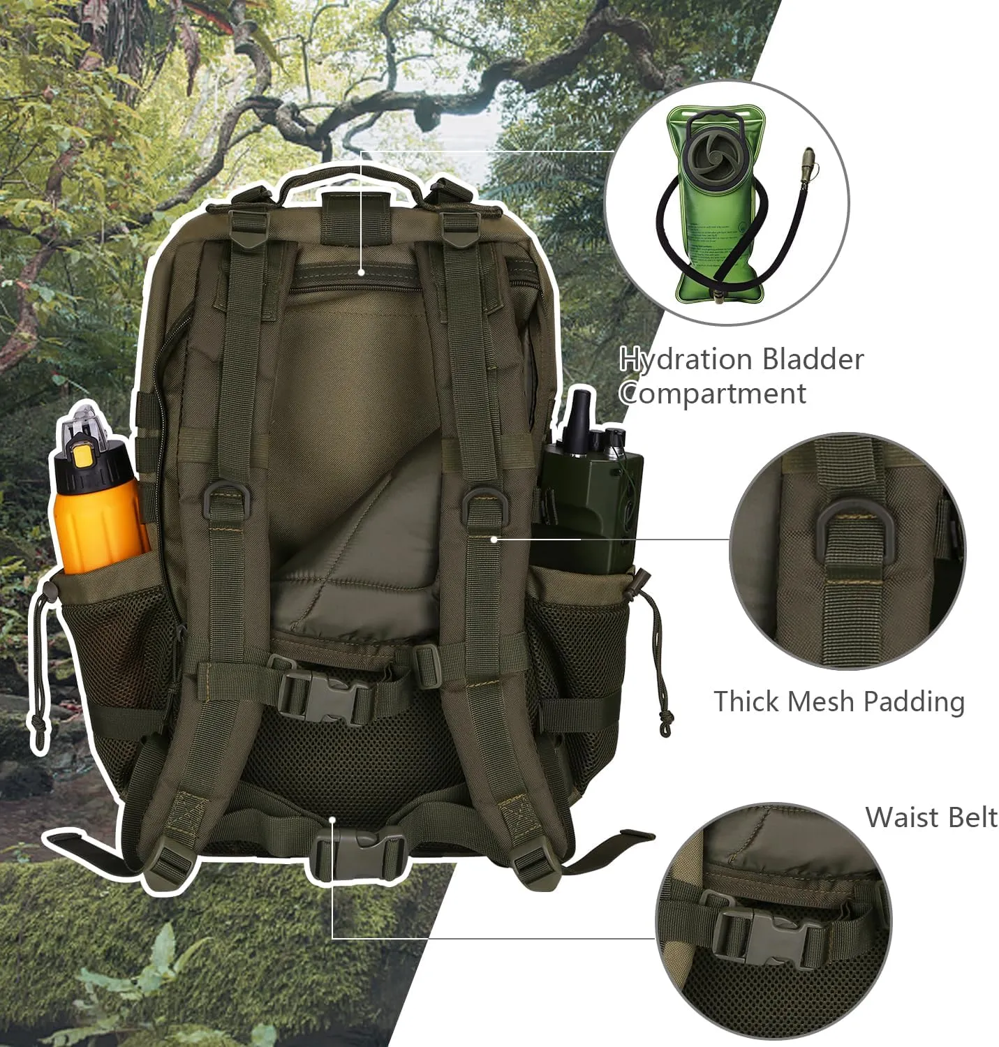 45L MOLLE Assault Backpack, Tactical Backpack Military Army Camping Rucksack with Bottle Holder, 3-Day Pack Trip w/USA Flag Patch, D-Rings, Olive