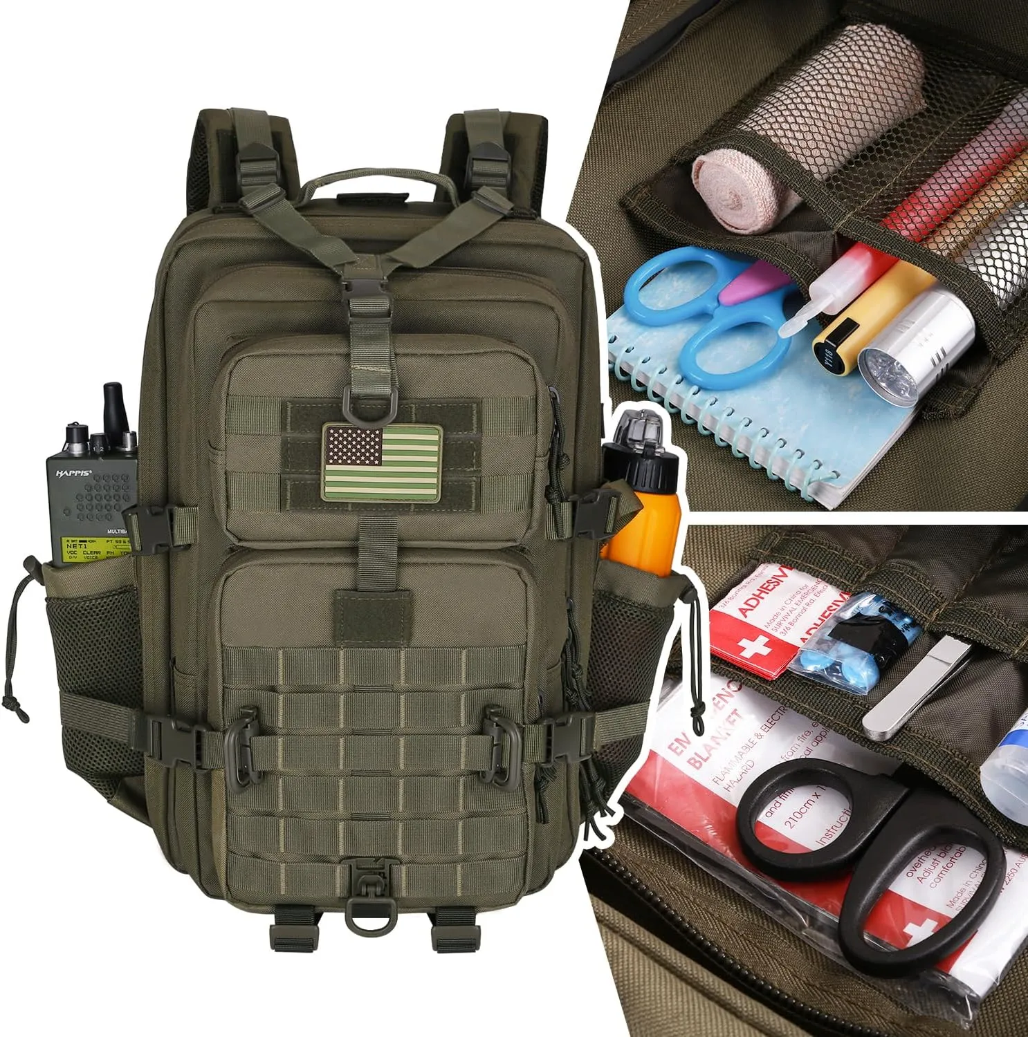 45L MOLLE Assault Backpack, Tactical Backpack Military Army Camping Rucksack with Bottle Holder, 3-Day Pack Trip w/USA Flag Patch, D-Rings, Olive