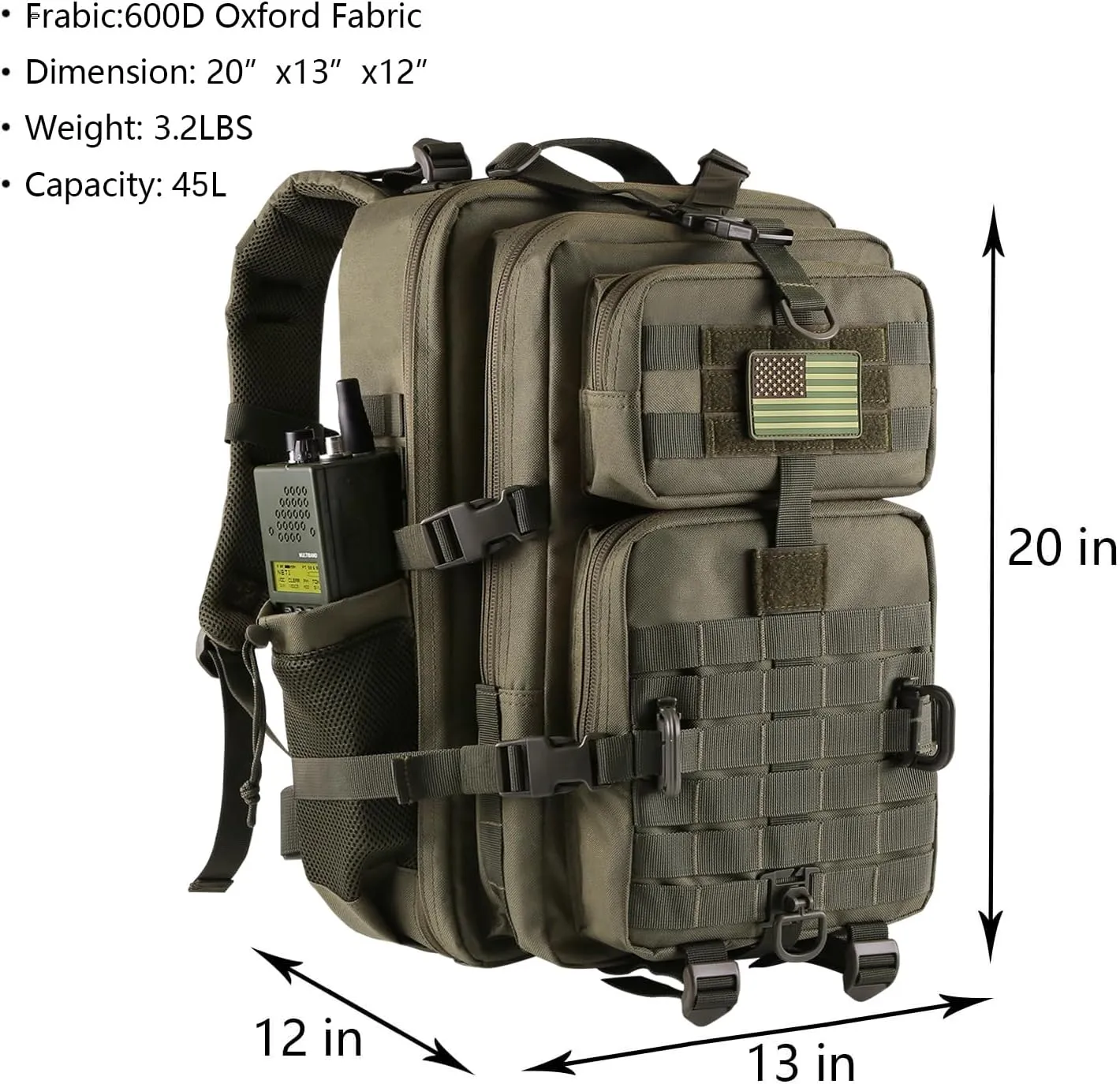 45L MOLLE Assault Backpack, Tactical Backpack Military Army Camping Rucksack with Bottle Holder, 3-Day Pack Trip w/USA Flag Patch, D-Rings, Olive