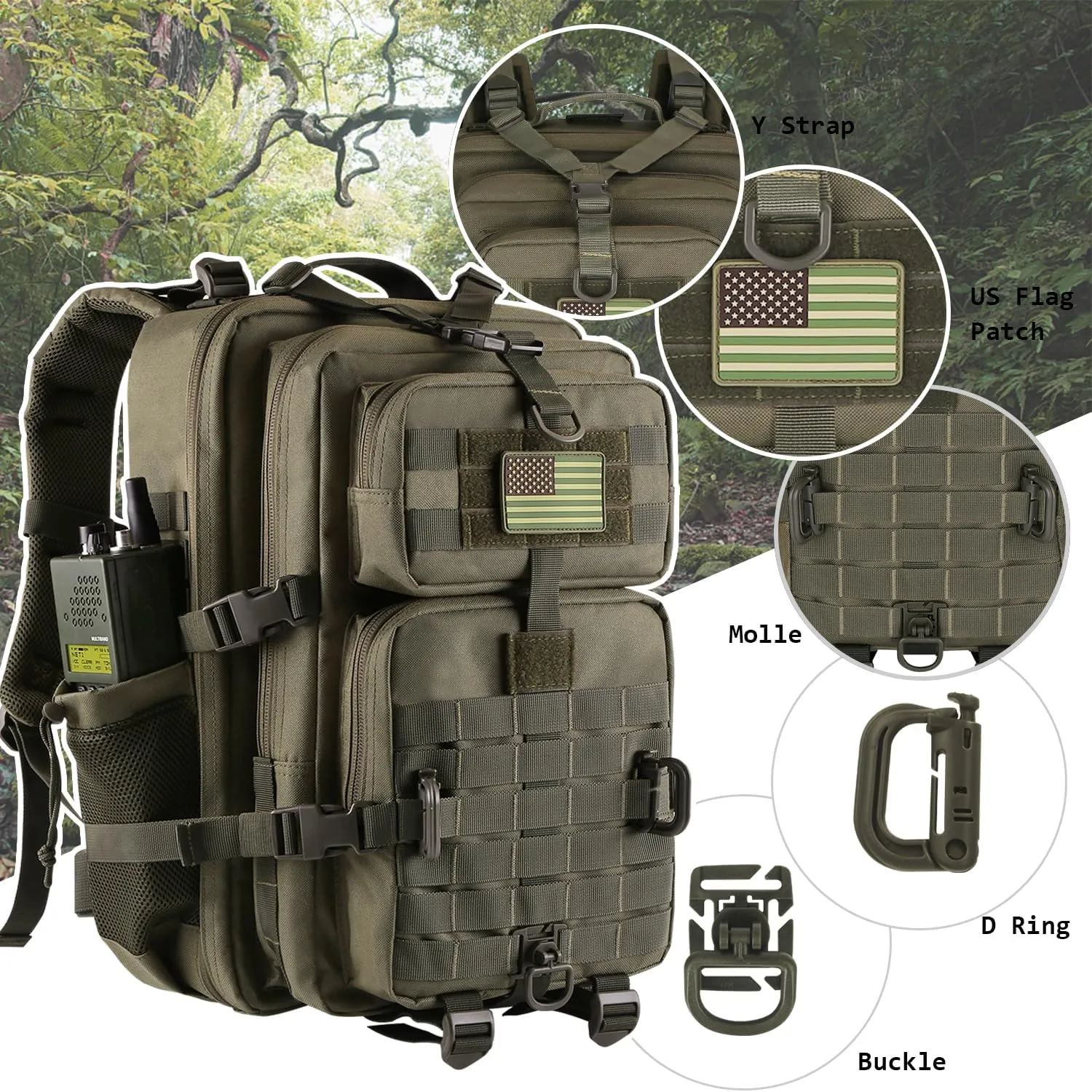 45L MOLLE Assault Backpack, Tactical Backpack Military Army Camping Rucksack with Bottle Holder, 3-Day Pack Trip w/USA Flag Patch, D-Rings, Olive