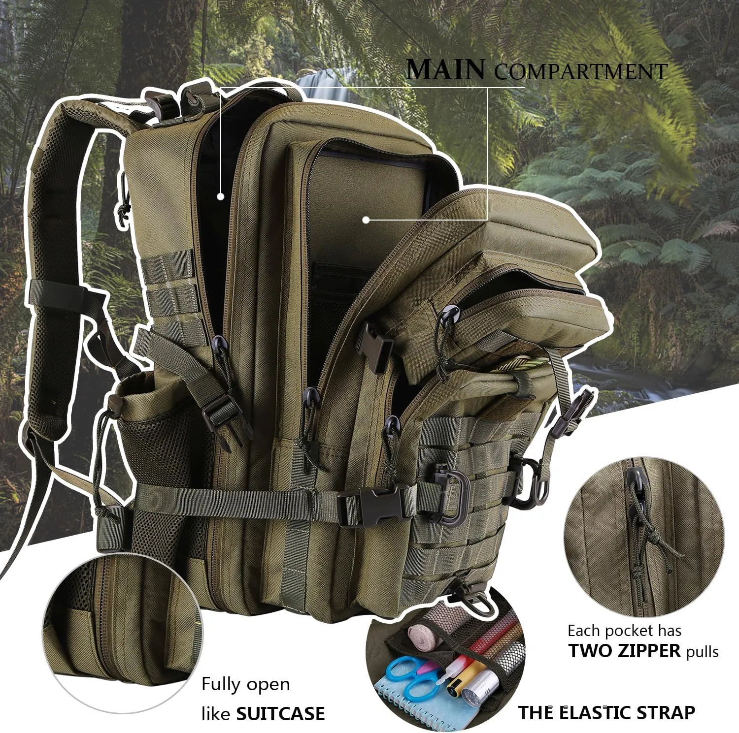 45L MOLLE Assault Backpack, Tactical Backpack Military Army Camping Rucksack with Bottle Holder, 3-Day Pack Trip w/USA Flag Patch, D-Rings, Olive