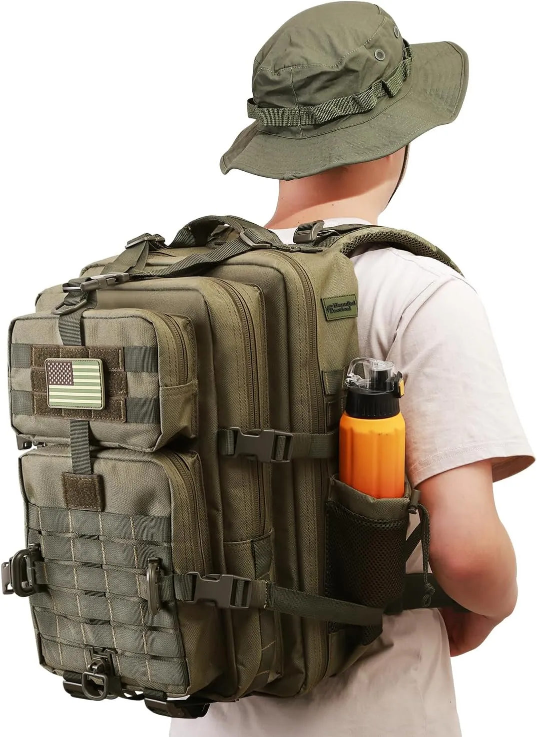 45L MOLLE Assault Backpack, Tactical Backpack Military Army Camping Rucksack with Bottle Holder, 3-Day Pack Trip w/USA Flag Patch, D-Rings, Olive