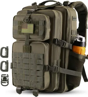 45L MOLLE Assault Backpack, Tactical Backpack Military Army Camping Rucksack with Bottle Holder, 3-Day Pack Trip w/USA Flag Patch, D-Rings, Olive