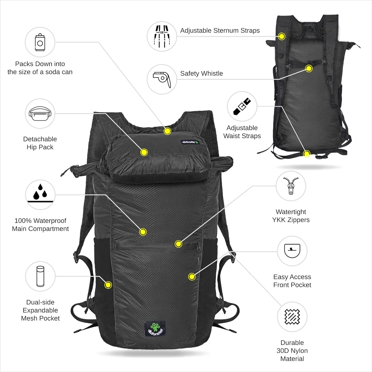 4Monster Hiking Daypack,2 in 1 Water Resistant Lightweight Backpack,Portable Fanny Pack Waist Pack for Travel Camping Outdoor (32L, Black)