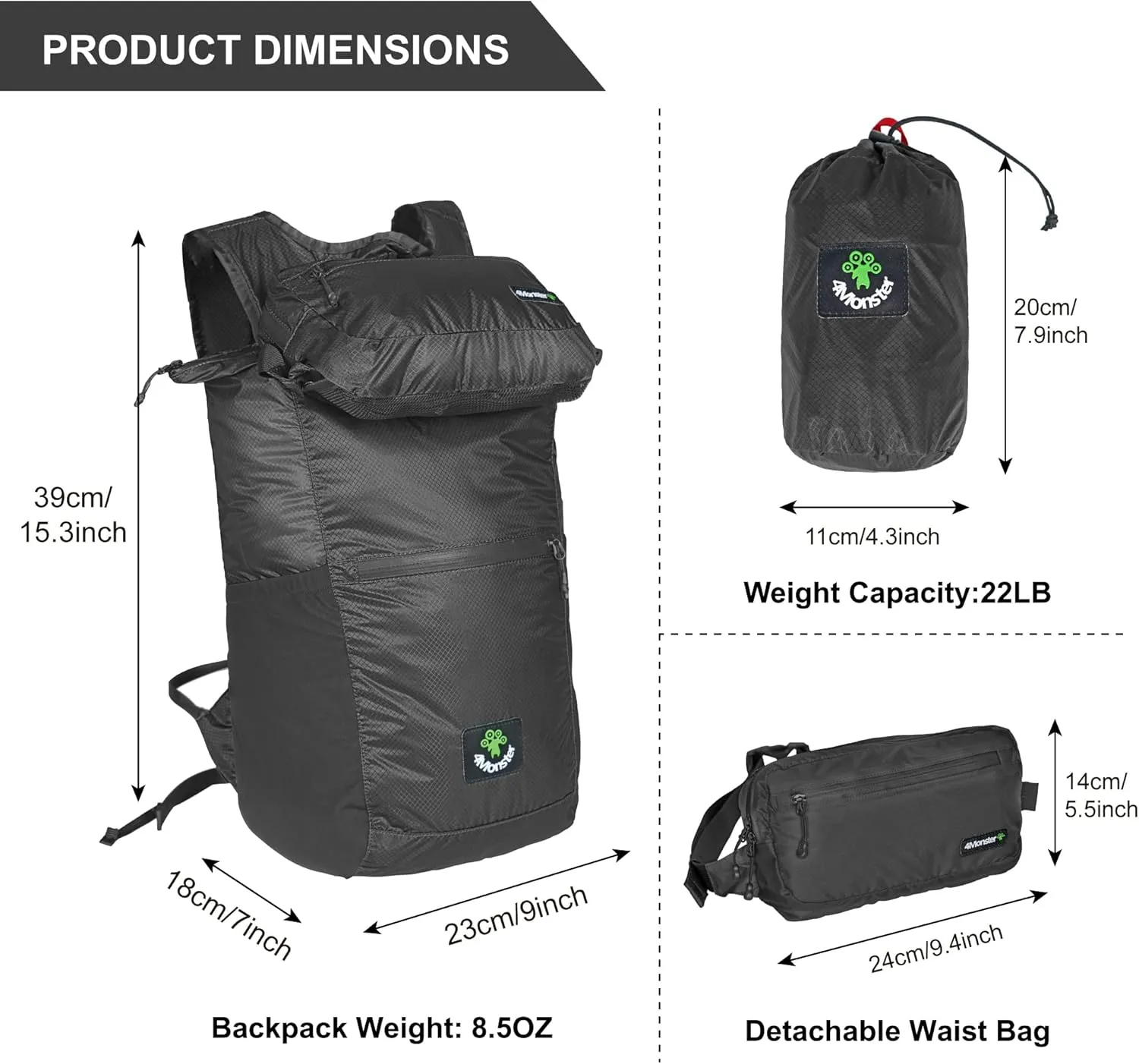 4Monster Hiking Daypack,2 in 1 Water Resistant Lightweight Backpack,Portable Fanny Pack Waist Pack for Travel Camping Outdoor (32L, Black)