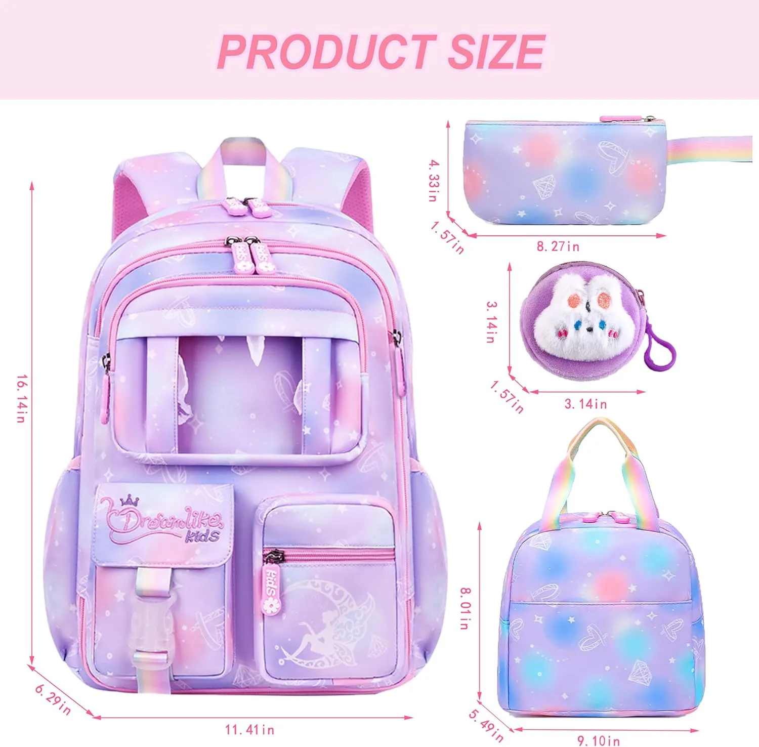 4Pcs Kawaii Backpack Set, Cute Heart Print Daypack Large Capacity Laptop Bag, 17in Double Shoulder Backpack
