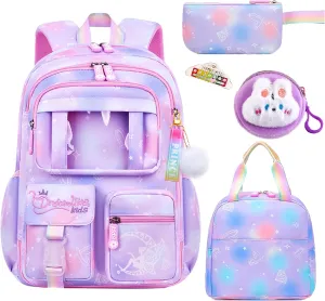 4Pcs Kawaii Backpack Set, Cute Heart Print Daypack Large Capacity Laptop Bag, 17in Double Shoulder Backpack