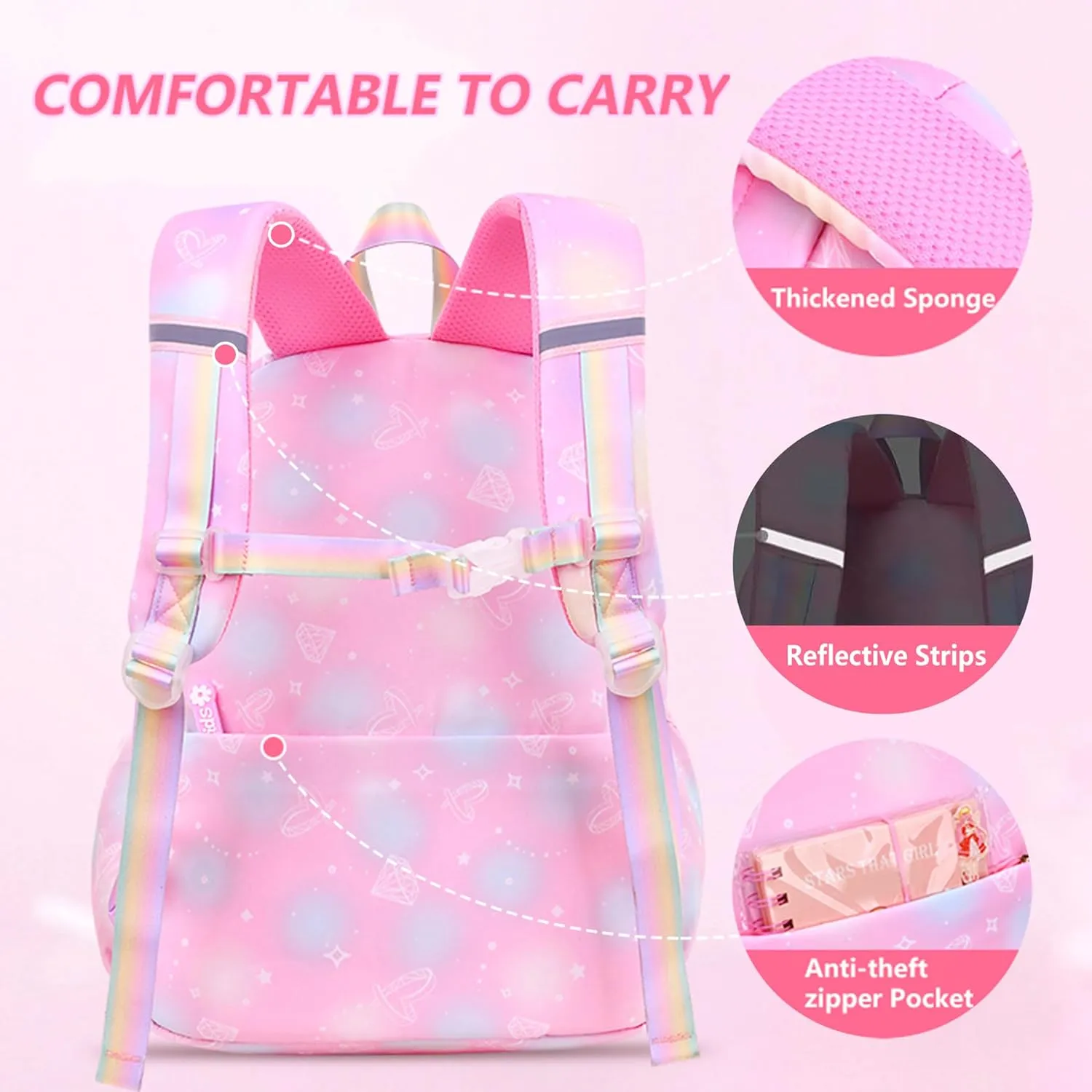 4Pcs Kawaii Backpack Set, Cute Heart Print Daypack Large Capacity Laptop Bag, 17in Double Shoulder Backpack
