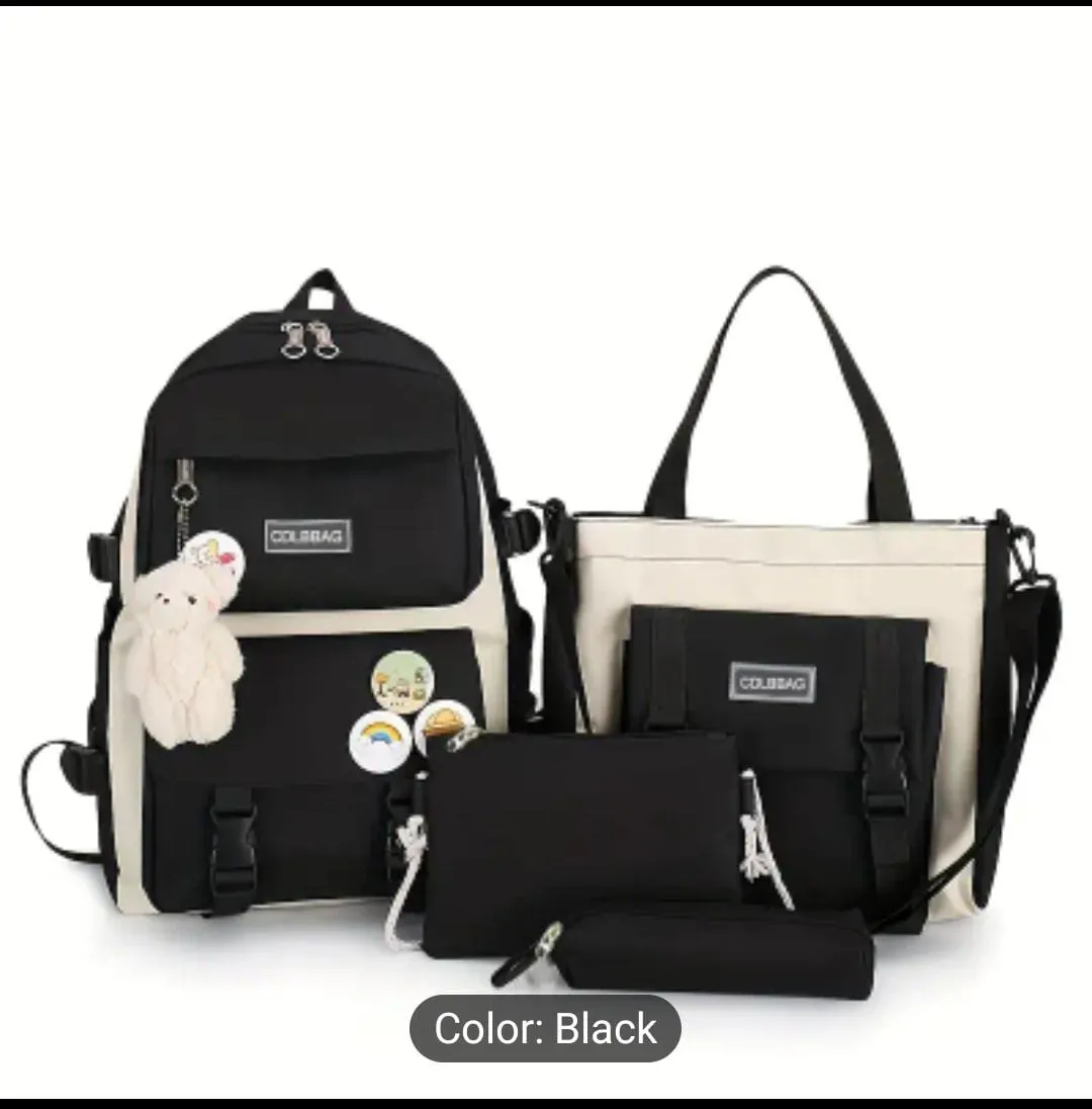 4pcs/set Simple Casual Backpack Large Capacity School Bag Travel Bag Canvas Shoulder Bag For Students