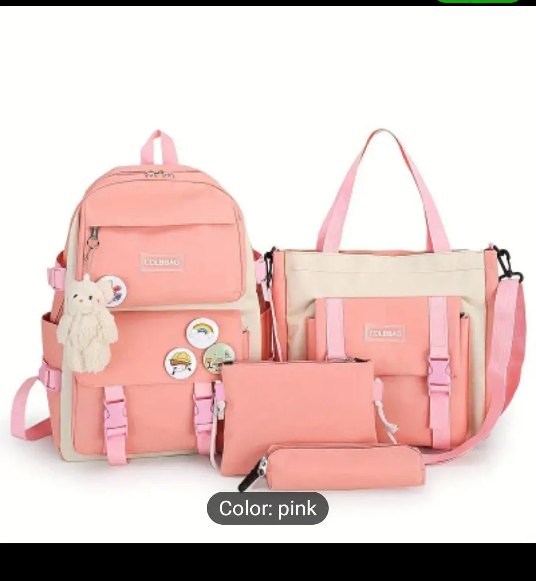 4pcs/set Simple Casual Backpack Large Capacity School Bag Travel Bag Canvas Shoulder Bag For Students