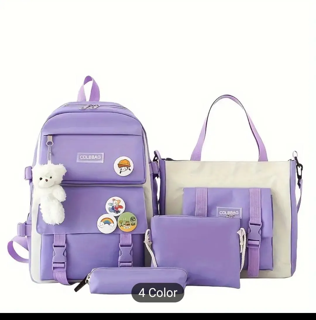 4pcs/set Simple Casual Backpack Large Capacity School Bag Travel Bag Canvas Shoulder Bag For Students