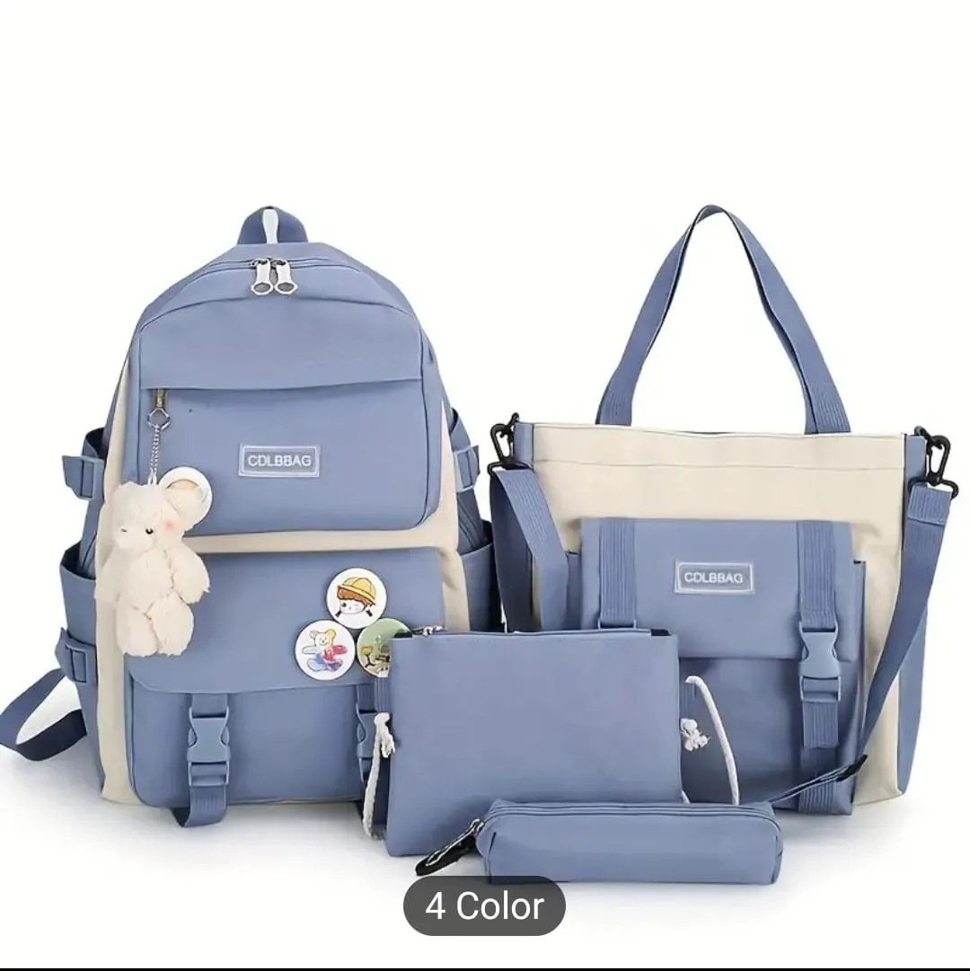 4pcs/set Simple Casual Backpack Large Capacity School Bag Travel Bag Canvas Shoulder Bag For Students