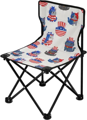 4th of July Independence Day Gray Cat Collapsible Camping Chairs for Adults Ultra Lightweight Ultralight Camp Chair Carry Bag Included Ice Fishing Chairs for Traveling Indoor