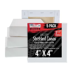 5-Pack Bulk Stretched Canvas for Painting 4 x 4 inch, Gallery Depth 1-1/2" Profile - 12oz Acrylic Gesso Triple Primed, Professional Artist Quality, 100% Cotton - Oil, Pouring Paint