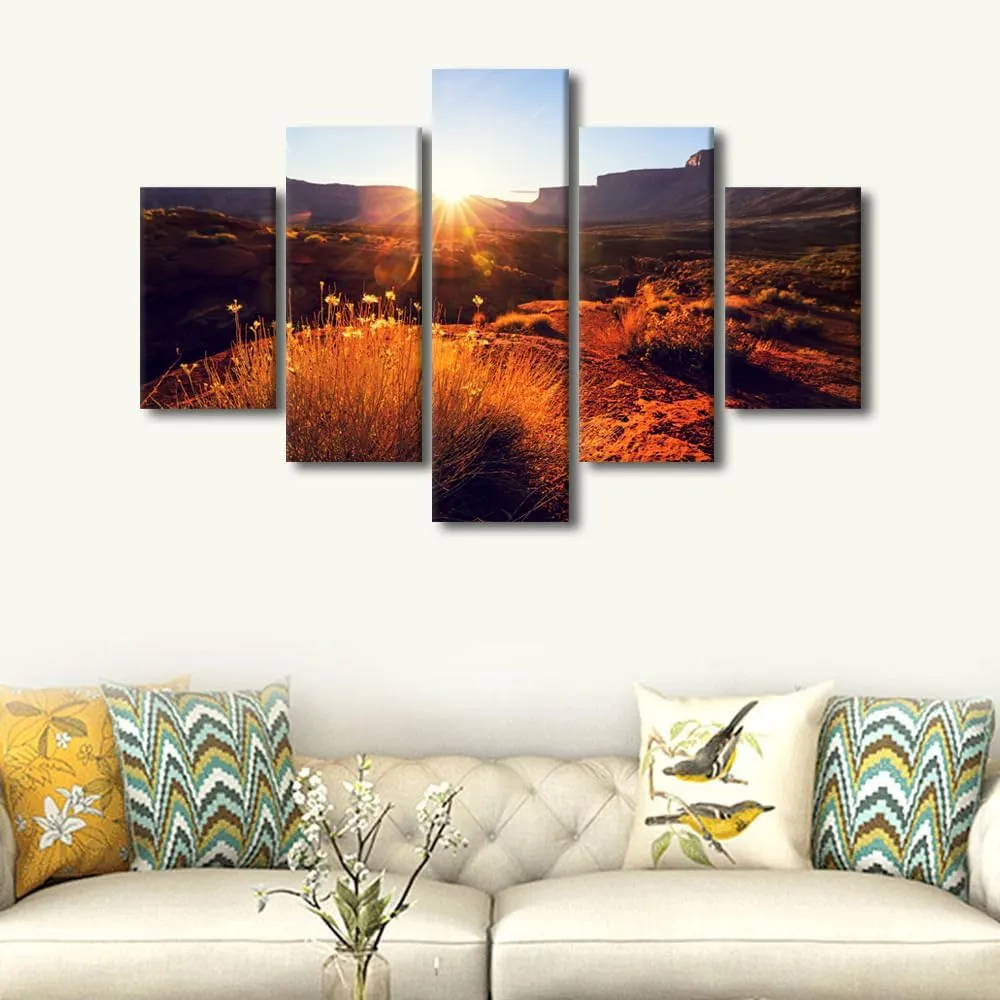 5 Panels American Landscapes Wall Art Prairie and Cliffs Canvas Art Wall Decor Natural Scenery Framed Wall Art for Bedroom Print on Canvas Stretched and Framed Ready to Hang - 60"Wx40"H