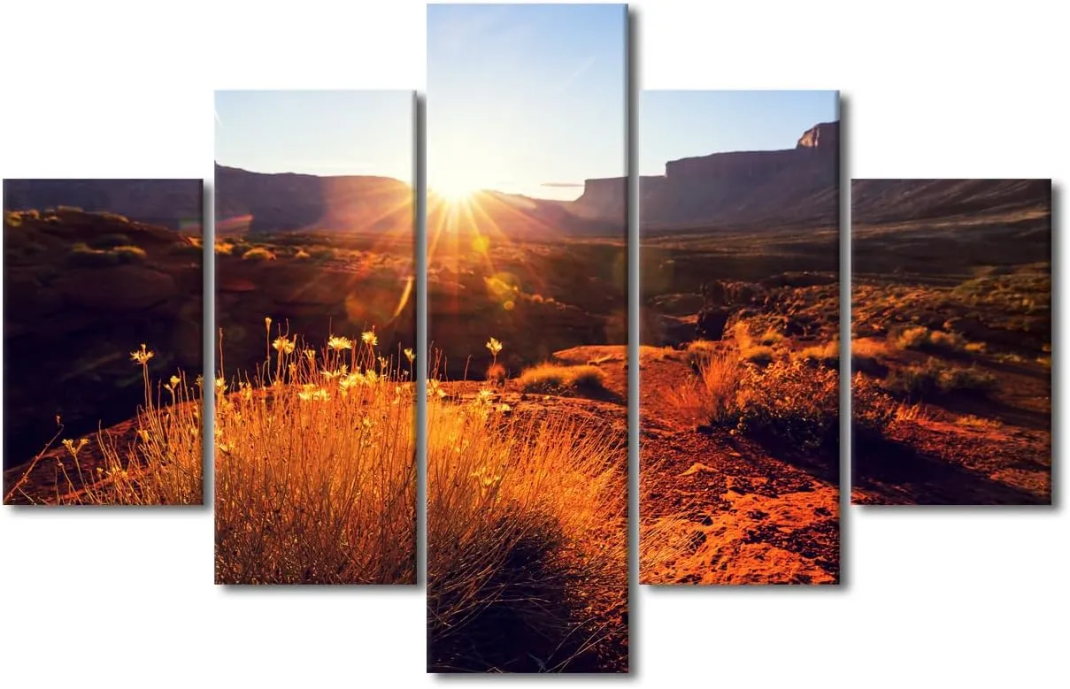 5 Panels American Landscapes Wall Art Prairie and Cliffs Canvas Art Wall Decor Natural Scenery Framed Wall Art for Bedroom Print on Canvas Stretched and Framed Ready to Hang - 60"Wx40"H