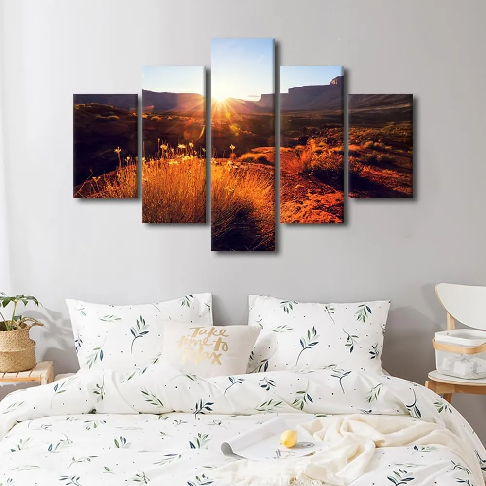 5 Panels American Landscapes Wall Art Prairie and Cliffs Canvas Art Wall Decor Natural Scenery Framed Wall Art for Bedroom Print on Canvas Stretched and Framed Ready to Hang - 60"Wx40"H