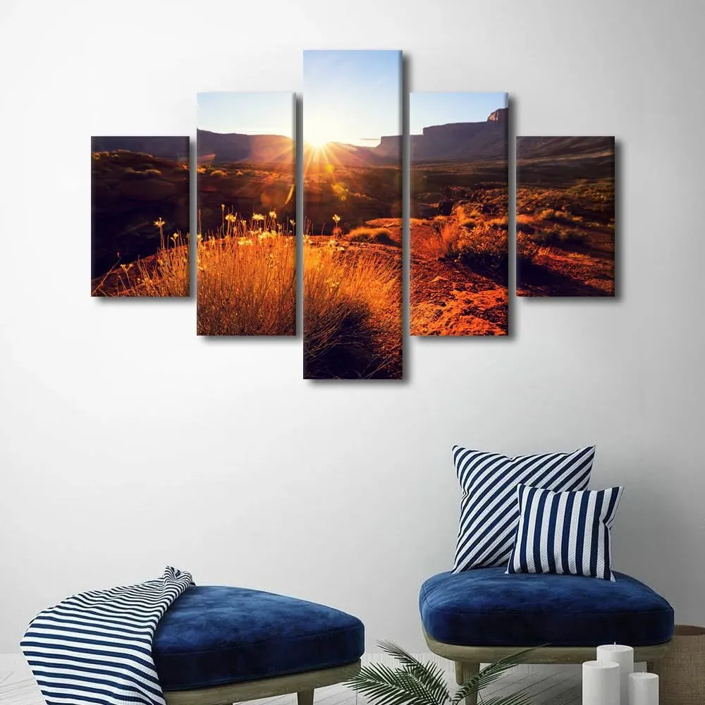 5 Panels American Landscapes Wall Art Prairie and Cliffs Canvas Art Wall Decor Natural Scenery Framed Wall Art for Bedroom Print on Canvas Stretched and Framed Ready to Hang - 60"Wx40"H