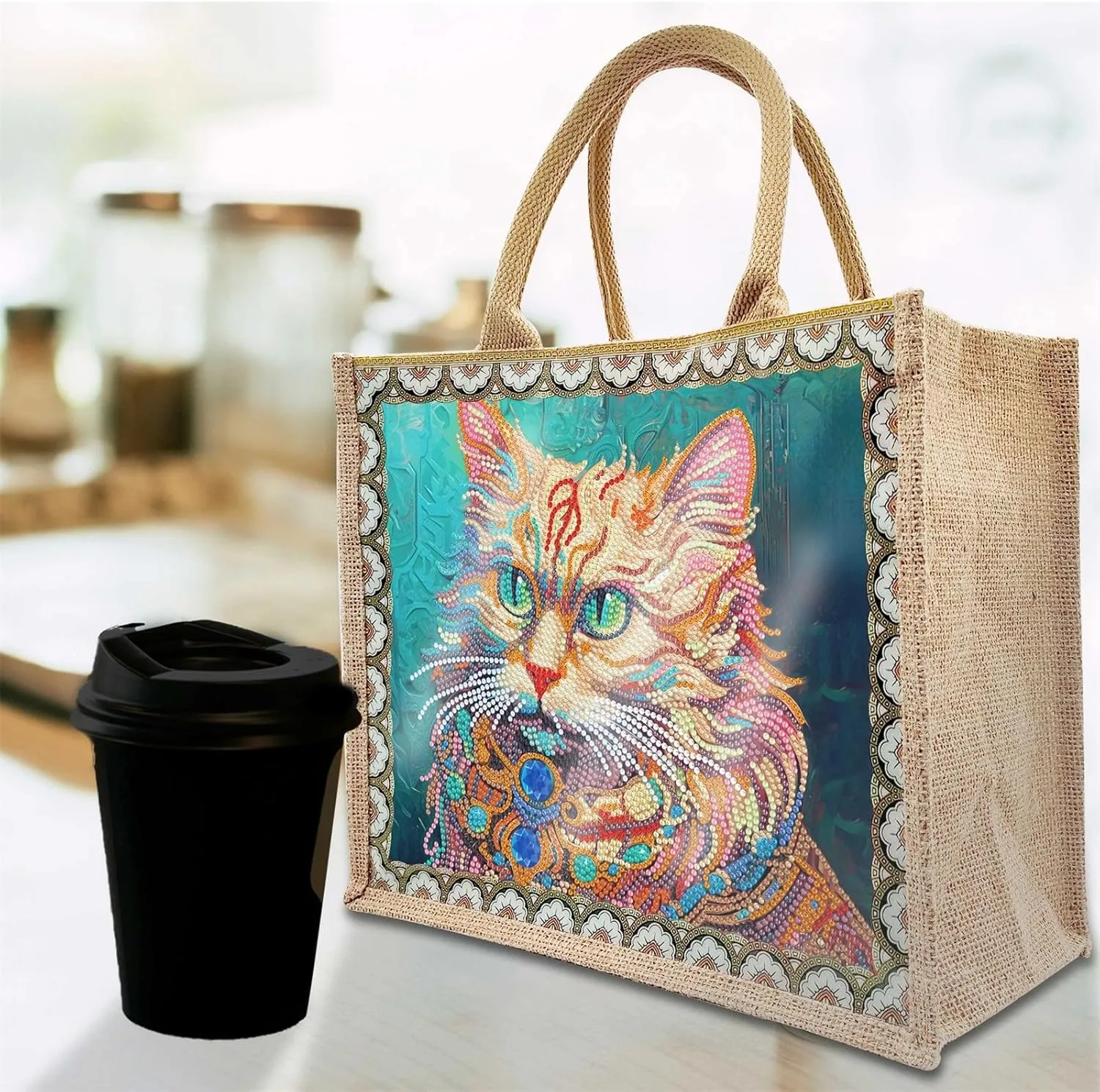 5D Art Painting Tote Bag Kit, DIY 5D Art Painting Handbag Kits, Diamond Art Bag for Home Organizer (Single Side Dot Diamond)