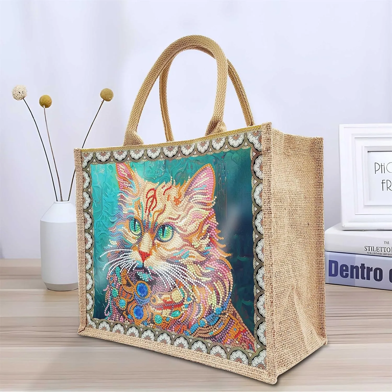 5D Art Painting Tote Bag Kit, DIY 5D Art Painting Handbag Kits, Diamond Art Bag for Home Organizer (Single Side Dot Diamond)
