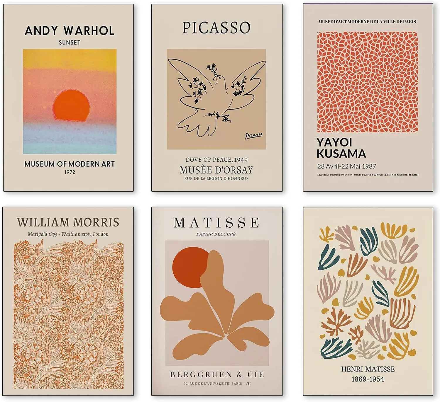 6 Piece Famous Art Canvas Posters Picasso Dove Henri Matisse William Morris Flower Market Andy Warhol Sunset Gallery Wall Art Mid Century Abstract Minimalist Room Aesthetic Wall Prints Painting