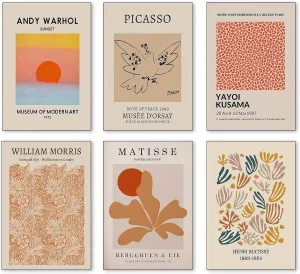 6 Piece Famous Art Canvas Posters Picasso Dove Henri Matisse William Morris Flower Market Andy Warhol Sunset Gallery Wall Art Mid Century Abstract Minimalist Room Aesthetic Wall Prints Painting