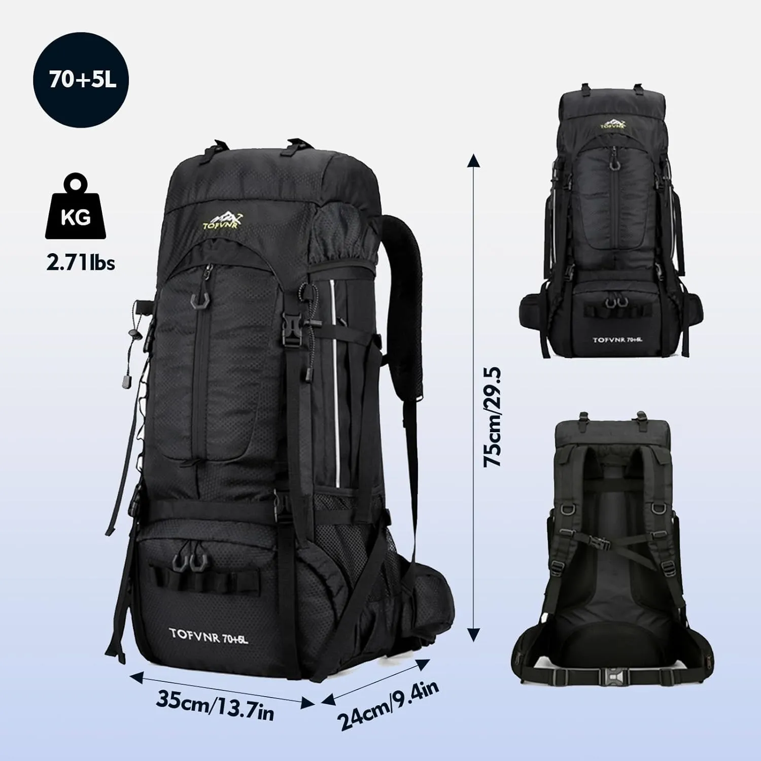 75L Hiking Backpack, Water Resistant Lightweight Outdoor Sport Daypack Travel Bag for Camping Climbing Touring