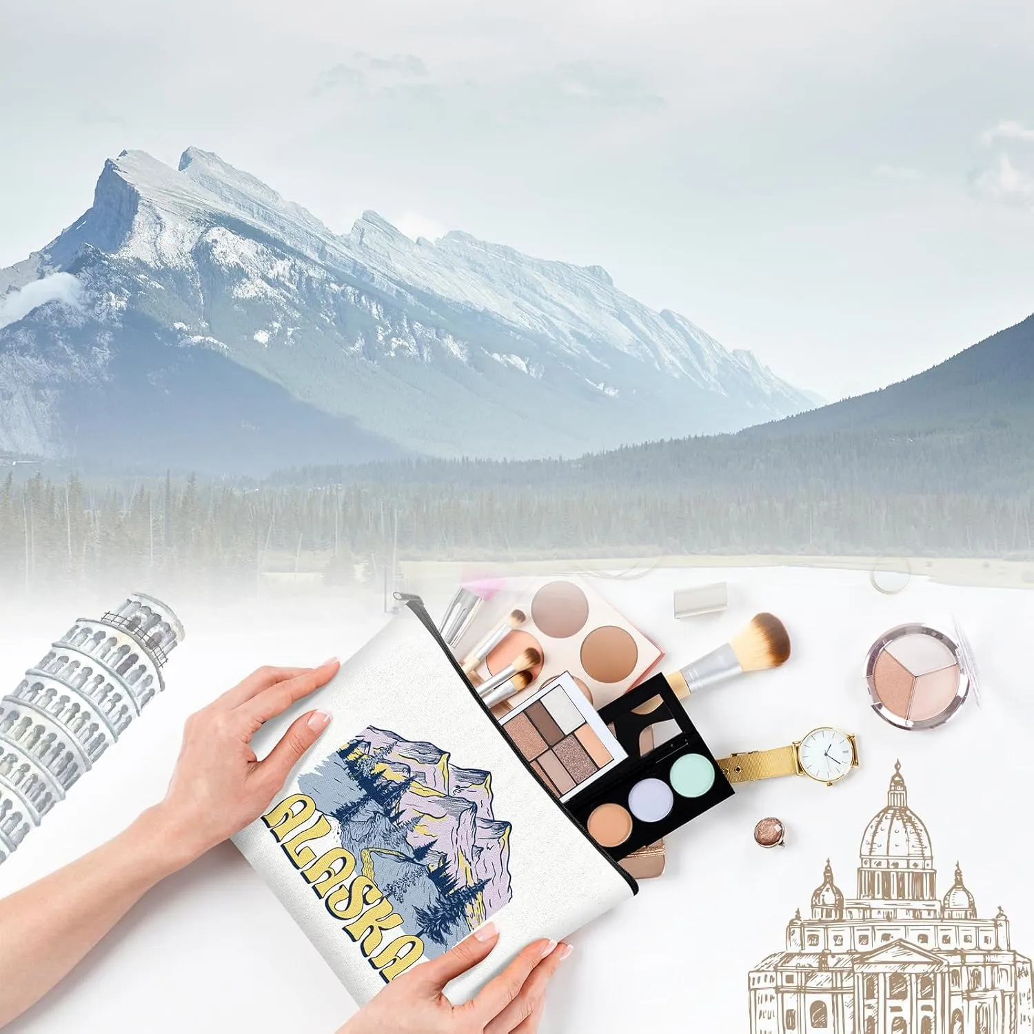 9 Pcs Alaska Cosmetic Bag New York Souvenir Zipper Pouch Los Angeles Souvenir Gifts Italy Paris Broadway Alaska Makeup Purse for Girls Women Traveler Birthday Christmas Party Favors