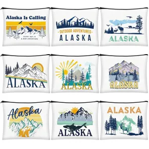 9 Pcs Alaska Cosmetic Bag New York Souvenir Zipper Pouch Los Angeles Souvenir Gifts Italy Paris Broadway Alaska Makeup Purse for Girls Women Traveler Birthday Christmas Party Favors