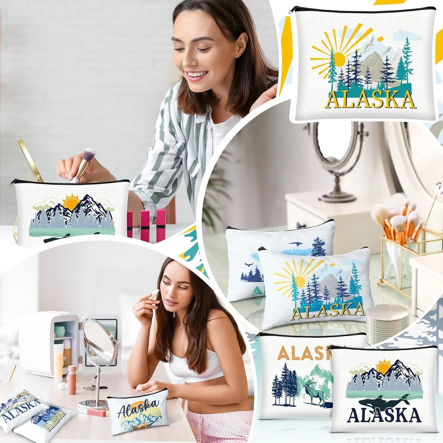 9 Pcs Alaska Cosmetic Bag New York Souvenir Zipper Pouch Los Angeles Souvenir Gifts Italy Paris Broadway Alaska Makeup Purse for Girls Women Traveler Birthday Christmas Party Favors