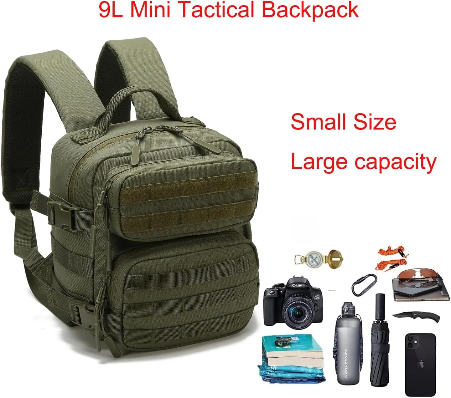 9L Mini Tactical Backpack Men Women Small Assault Rucksack Water-proof GYM Hiking Bug Out Bag with molle attachments (OD)