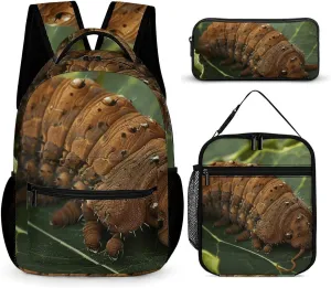 A Big Brown Larva 3 Pcs Backpack Set Travel Bag Laptop Backpack with Lunch Bag Pencil Bag Casual Daypack