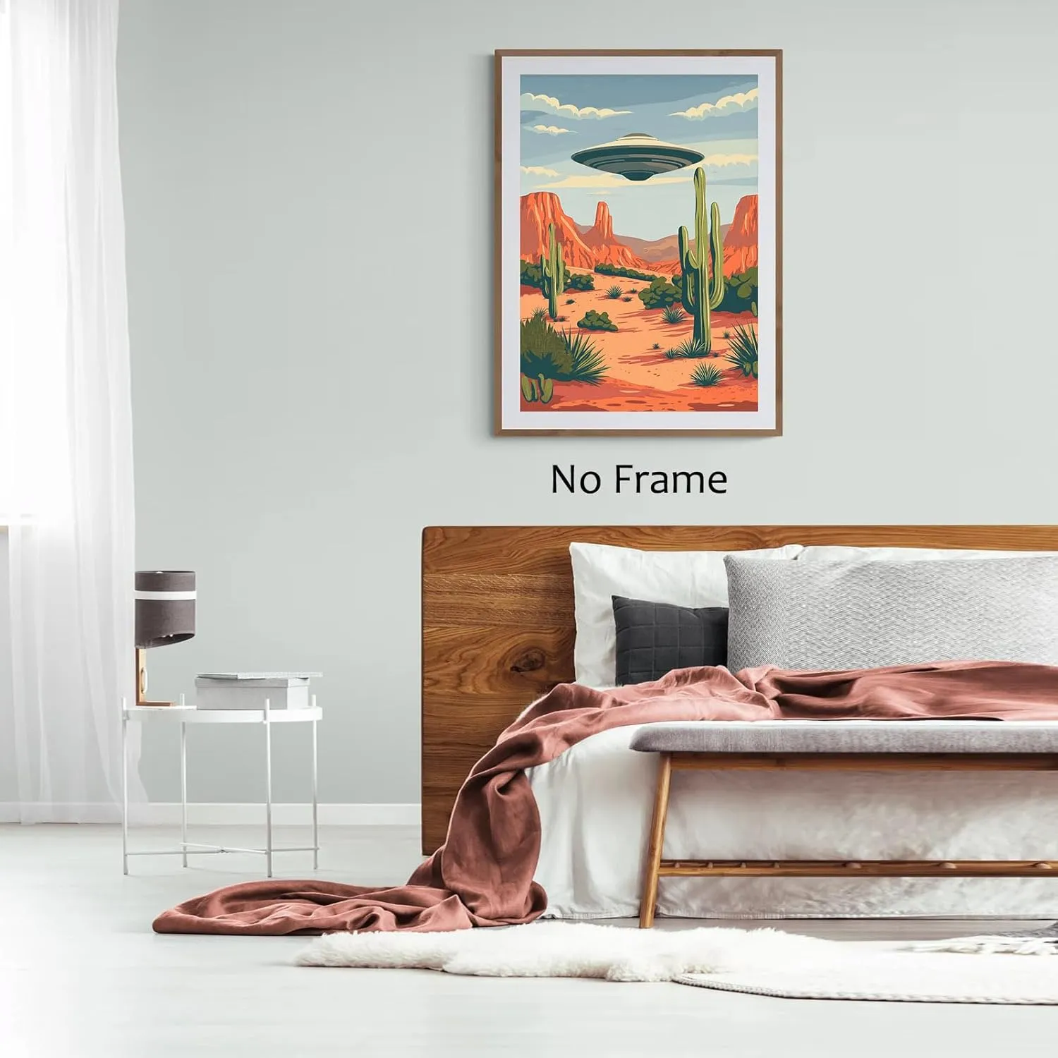 Abstract Cactus Wall Art Desert Landscape Poster UFO Pictures Alien Abduction Poster Flying Saucer Picture Desert Mountains Painting Vintage UFO Artwork for Living Room Bedroom 16x24inch No Frame
