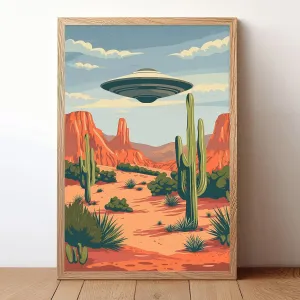 Abstract Cactus Wall Art Desert Landscape Poster UFO Pictures Alien Abduction Poster Flying Saucer Picture Desert Mountains Painting Vintage UFO Artwork for Living Room Bedroom 16x24inch No Frame
