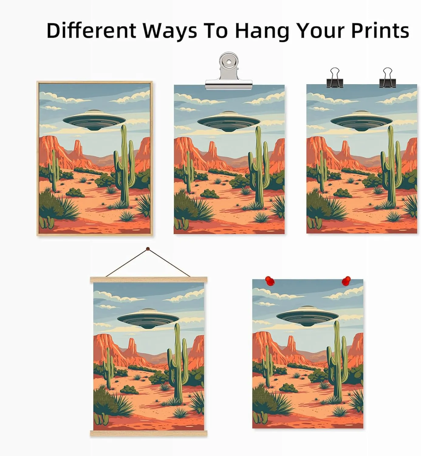 Abstract Cactus Wall Art Desert Landscape Poster UFO Pictures Alien Abduction Poster Flying Saucer Picture Desert Mountains Painting Vintage UFO Artwork for Living Room Bedroom 16x24inch No Frame