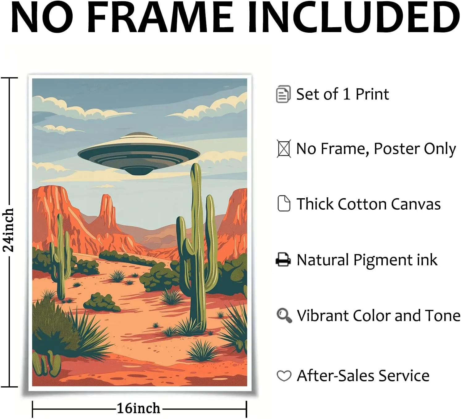 Abstract Cactus Wall Art Desert Landscape Poster UFO Pictures Alien Abduction Poster Flying Saucer Picture Desert Mountains Painting Vintage UFO Artwork for Living Room Bedroom 16x24inch No Frame