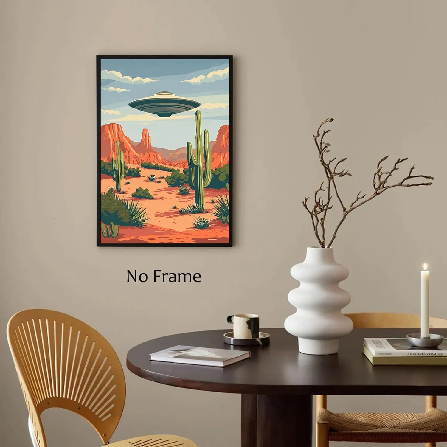 Abstract Cactus Wall Art Desert Landscape Poster UFO Pictures Alien Abduction Poster Flying Saucer Picture Desert Mountains Painting Vintage UFO Artwork for Living Room Bedroom 16x24inch No Frame