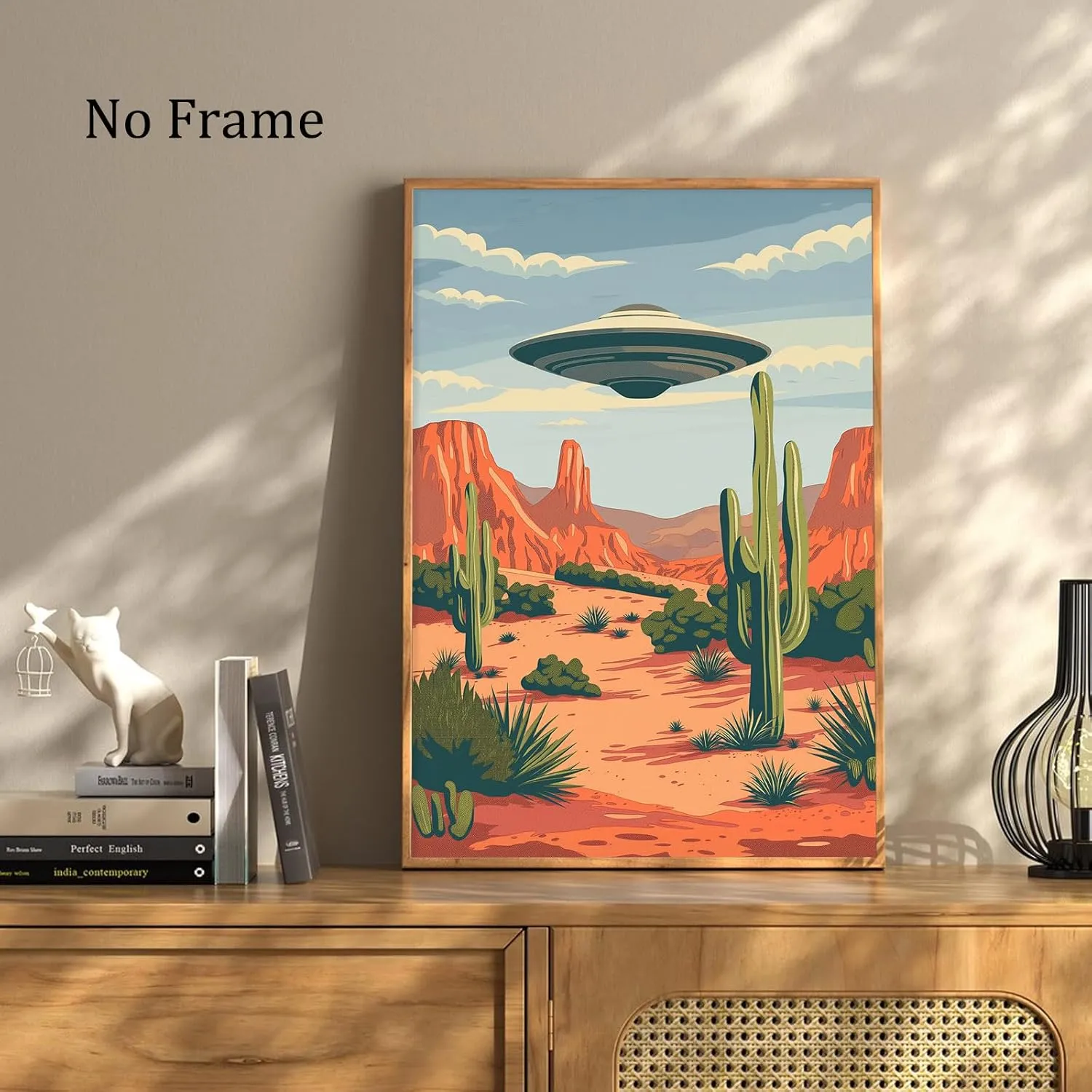 Abstract Cactus Wall Art Desert Landscape Poster UFO Pictures Alien Abduction Poster Flying Saucer Picture Desert Mountains Painting Vintage UFO Artwork for Living Room Bedroom 16x24inch No Frame