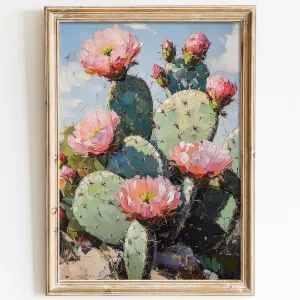 Abstract Cactus Wall Art Desert Landscape Print Cactus Flower Art Desert Cactus Painting Southwestern Canvas Artwork Pink and Green Cactus Wall Art Vintage Desert Canvas for Bedroom 16x24in No Frame