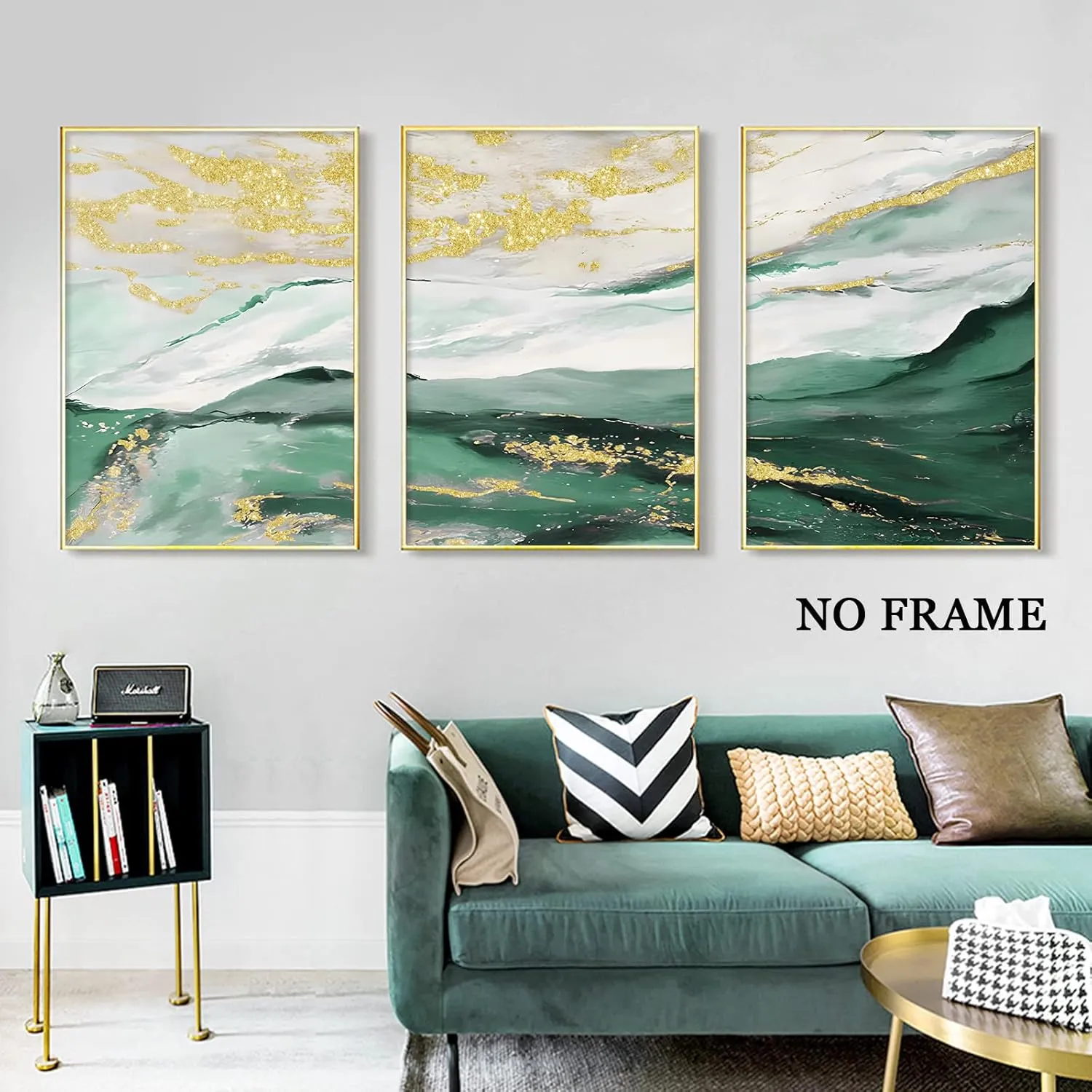 Abstract Green and Gold Canvas Wall Art Modern Mountains Picture Green and White Abstract Gold Foil Artwork Emerald Abstract Painting Mountains Canvas Print Green and Gold Posters 16x24inchx3 No Frame