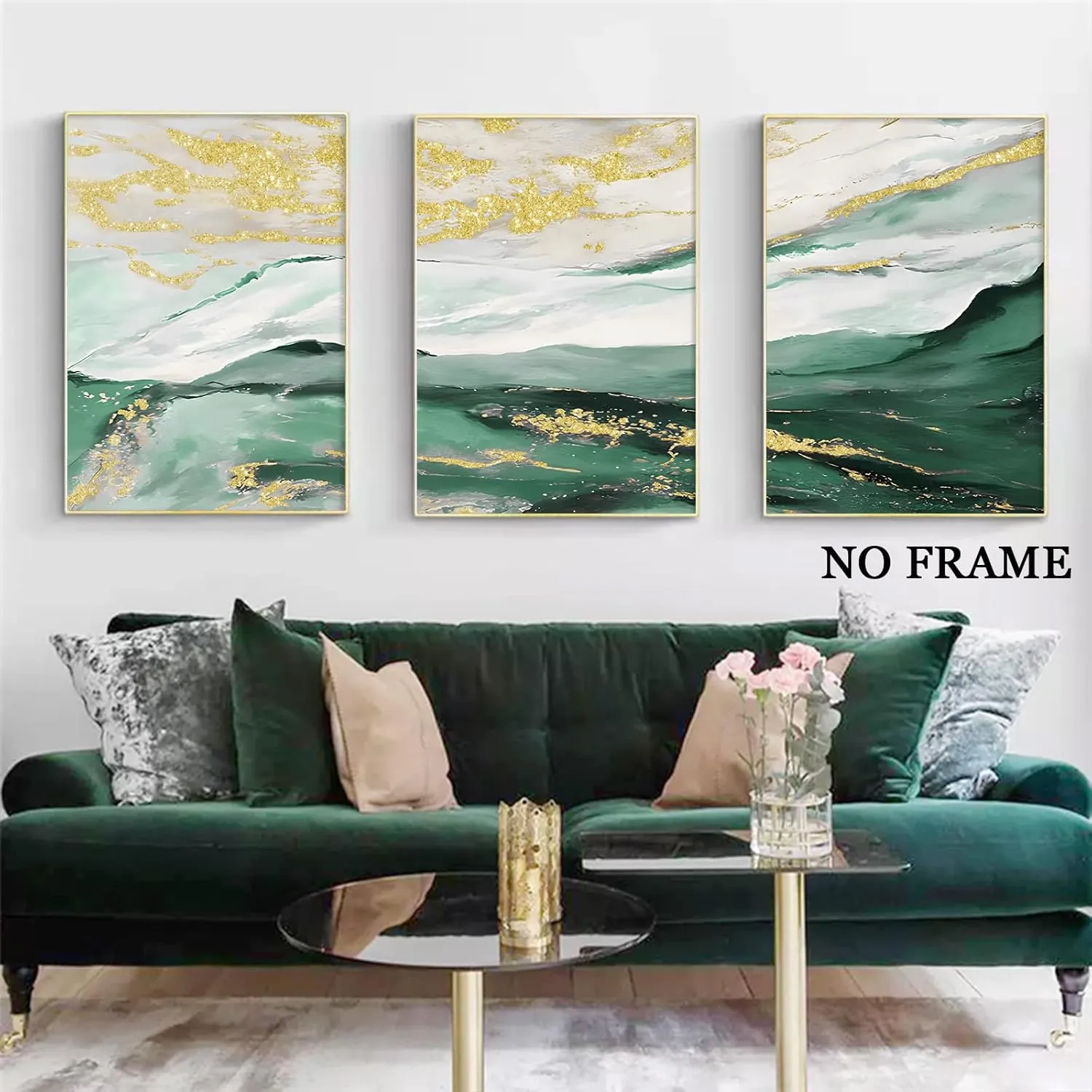 Abstract Green and Gold Canvas Wall Art Modern Mountains Picture Green and White Abstract Gold Foil Artwork Emerald Abstract Painting Mountains Canvas Print Green and Gold Posters 16x24inchx3 No Frame