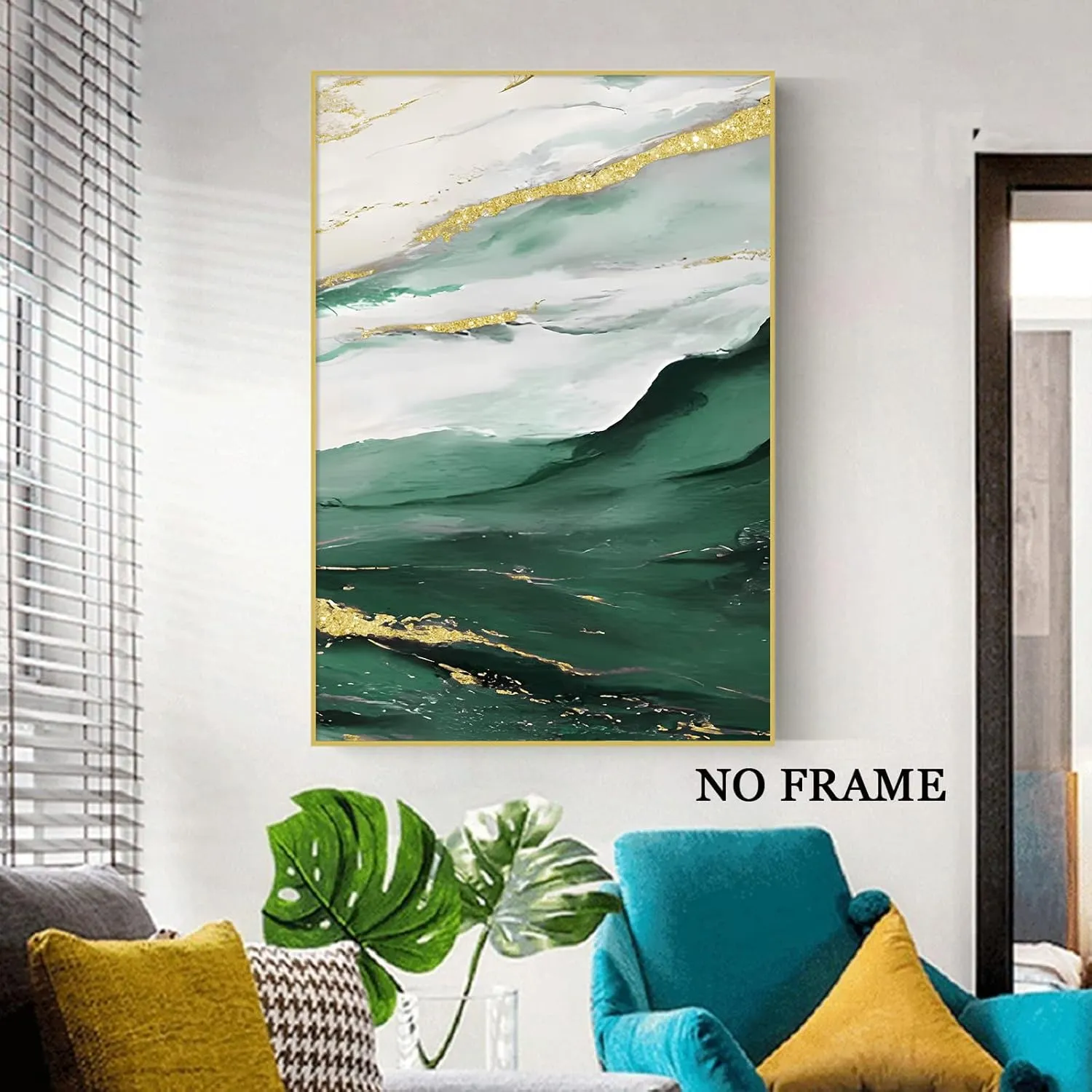 Abstract Green and Gold Canvas Wall Art Modern Mountains Picture Green and White Abstract Gold Foil Artwork Emerald Abstract Painting Mountains Canvas Print Green and Gold Posters 16x24inchx3 No Frame
