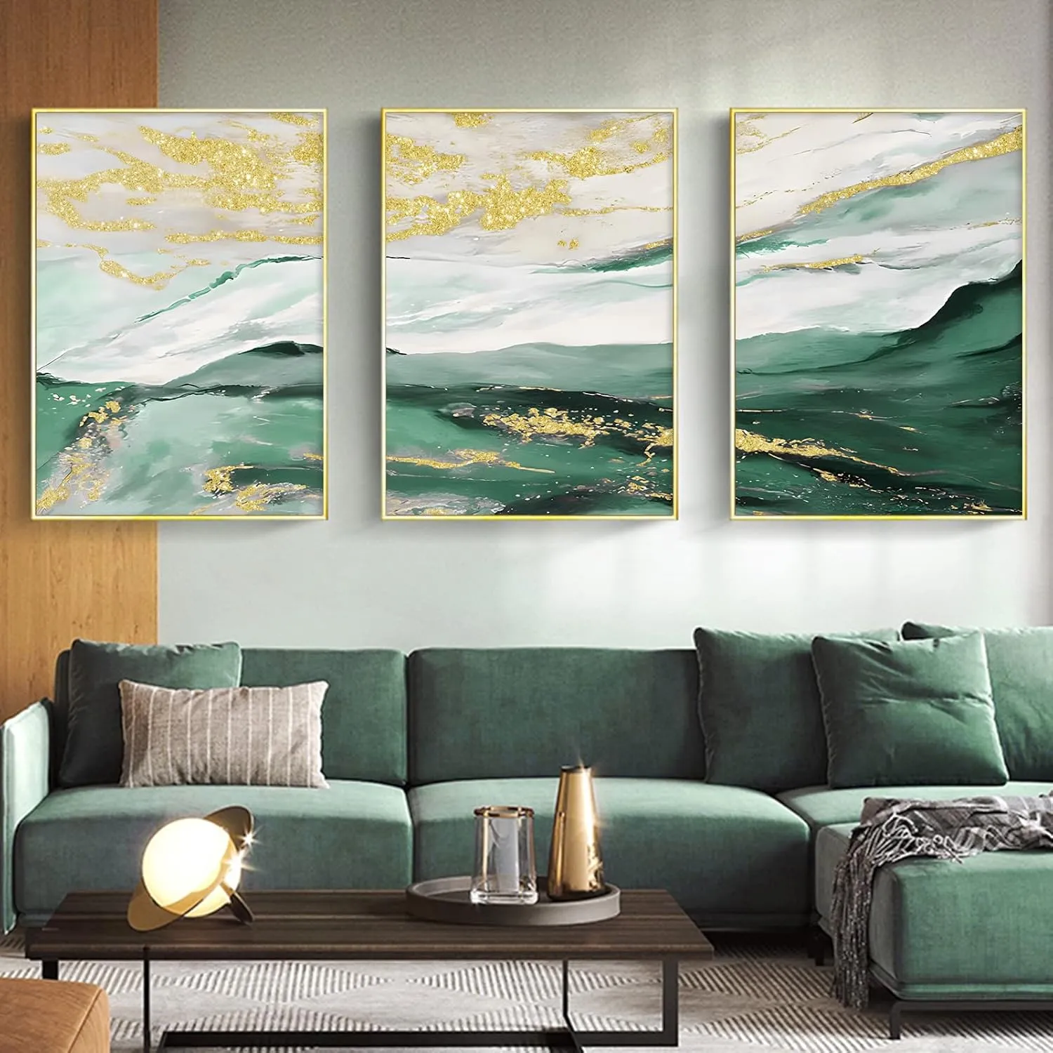Abstract Green and Gold Canvas Wall Art Modern Mountains Picture Green and White Abstract Gold Foil Artwork Emerald Abstract Painting Mountains Canvas Print Green and Gold Posters 16x24inchx3 No Frame